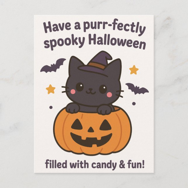 Postal Kawaii Black Cat Halloween Cartão de Saudação (Frente)