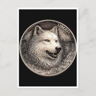 Postal Lobo polar. Moeda de níquel vagabundo. Cartão post