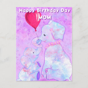Postal Mamãe Aniversário Cartão Elefante Bebê com Mãe