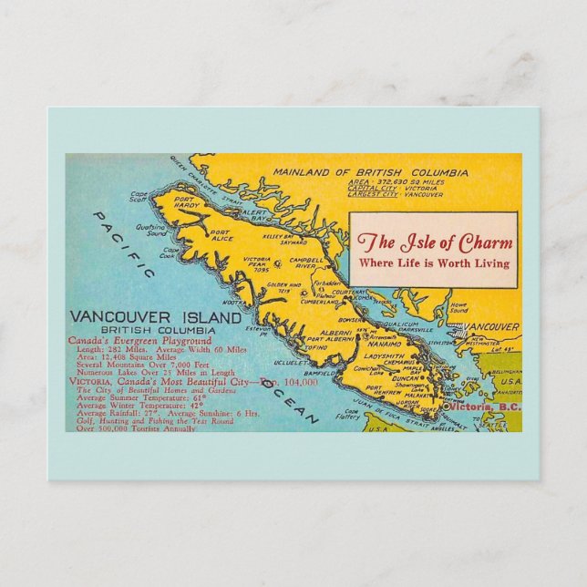 Postal Mapa Antigo da Ilha de Vancouver em Azul Cartão Po (Frente)