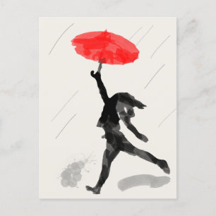 Postal Menina com Cartão de Desenho Red Umbrella