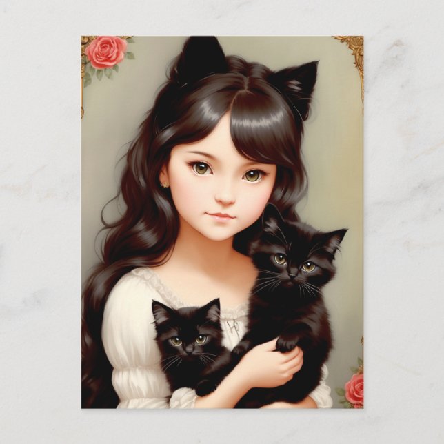 Postal Mulher Gato Branca - Pintura Vintage. Cartão Posta (Frente)