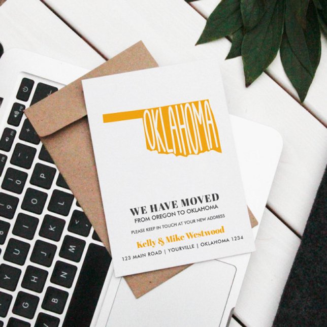 Postal OKLAHOMA Nós nos mudamos Novo endereço Novo Cartão (MOVING ANNOUNCEMENTE WITH OKLAHOMA STATE MAP IN YELLOW)