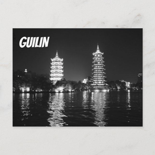 Postal Pagodes Preto e Branco em Guilin, China Cartão Pos (Frente)