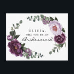 Postal Plum Peonies Bridesmaid - Cartão de Proposta<br><div class="desc">Pop a pergunta com este cartão adorável! Edite facilmente o nome e a mensagem no verso - depois adicione ao carrinho!

Veja a coleção inteira de Peonies de ameixa para obter mais itens correspondentes!</div>