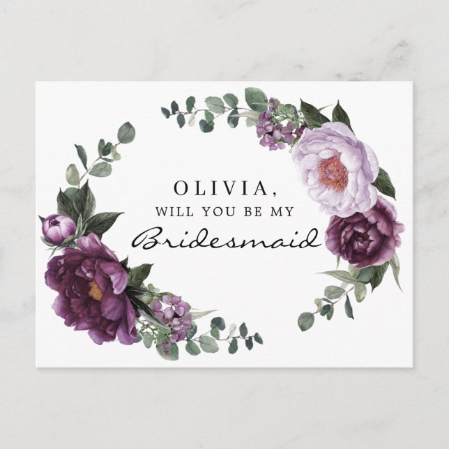 Postal Plum Peonies Bridesmaid - Cartão de Proposta (Frente)