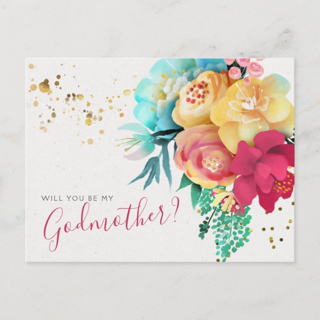 Postal Proposta de Madrinha de Cartão Floral Dourada (Frente)