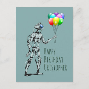 Postal Robô com Balões Cartão de Aniversário