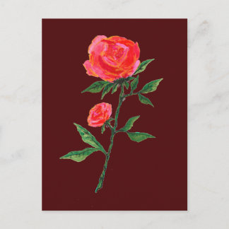 Postal Rosa vermelha Watercolor no Cartão vermelho escuro