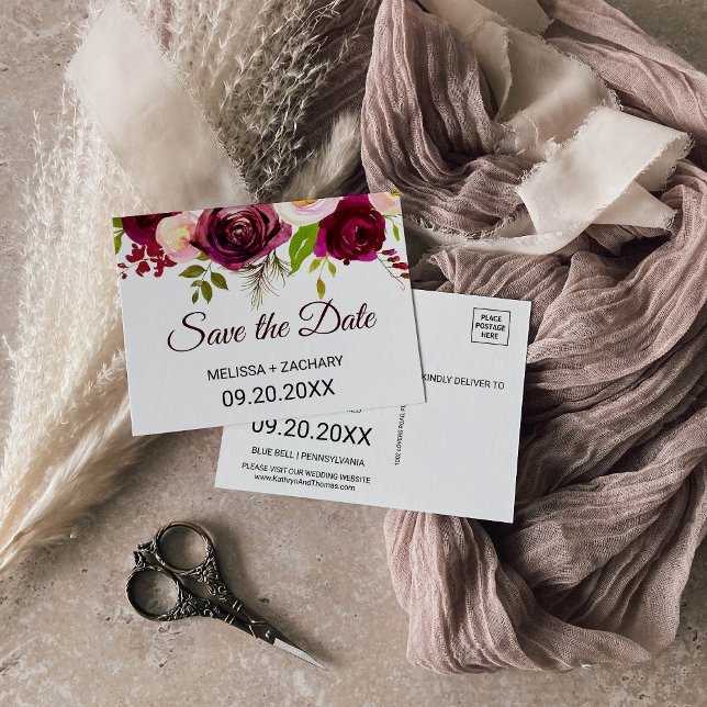 Postal Rustic Burgundy Floral - Guarde o Cartão de Data (Criador carregado)