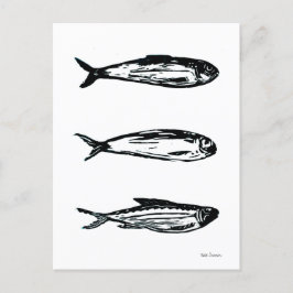 Postal Sardine e Sarda-Postada Linocut Cartão ou Impressã