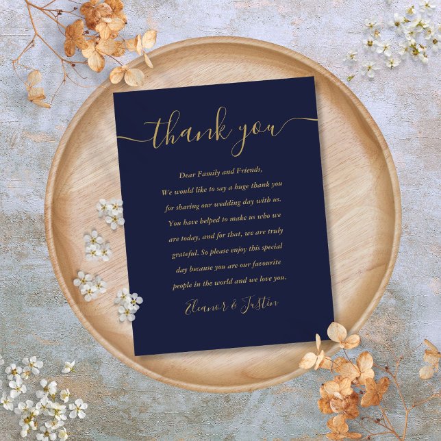 Postal Script Agradecimento Cartão de Local de Casamento  (Script Thank You Navy Blue Gold Wedding Place Card)