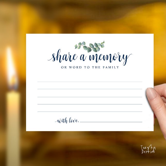 Postal Serviço Funerário, Compartilhe uma memória, Cartão (Funeral Service, Share a memory, Sympathy Card, with Eucalyptus, in Navy Blue)