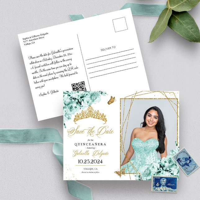 Postal Tiarra Verde Menta e Dourada Quinceañera Cartão Po (Criador carregado)