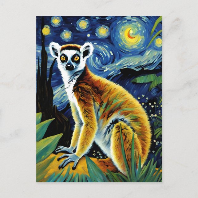 Postal Um Lemur no Cartão à Noite Estrelada (Frente)