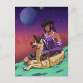 Postal Uma garota e seu cachorro no cartão espacial