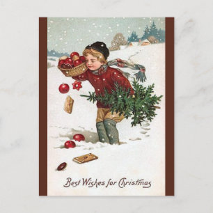 Postal Vintage Boy com cartão de Natal da árvore de Natal