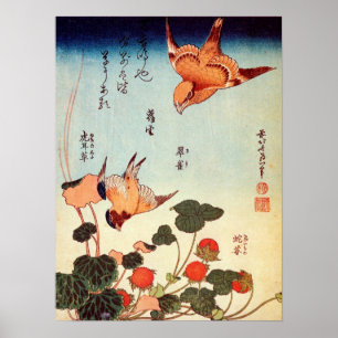 Pôster ヘビイチゴに小鳥, pássaro do 北斎 e mor