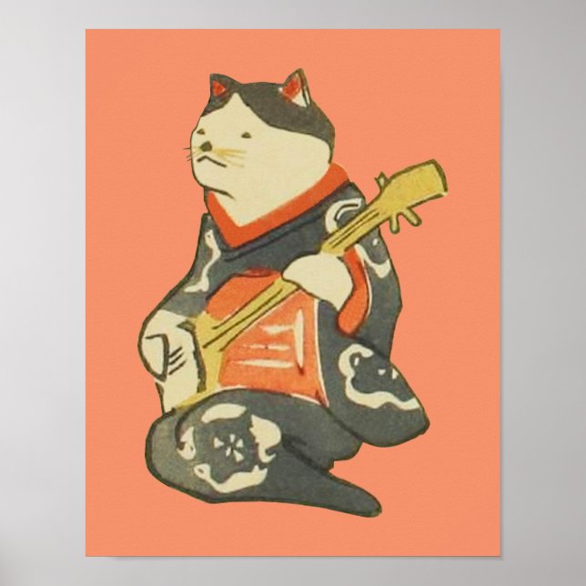 Poster 三 味 を 弾 く 猫, 線 Cat Tocando Violão, Kuniyoshi, Ukiy (Frente)