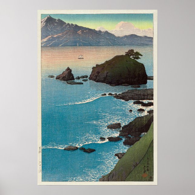 Pôster 久 手 浜, Kude Beach em Wakasa, Hasui Kawase, Woodcut (Frente)