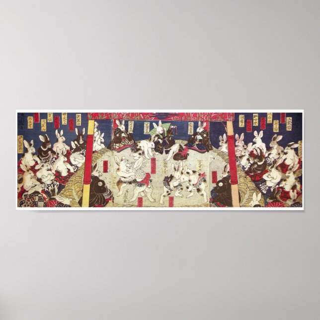 Poster 兎の相撲, 芳藤 Sumo Rabbits, Yoshifuji, Ukiyo-e (Frente)