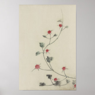 Poster 北 斎 Flores Vermelhas em Vine Hokusai Belas Artes