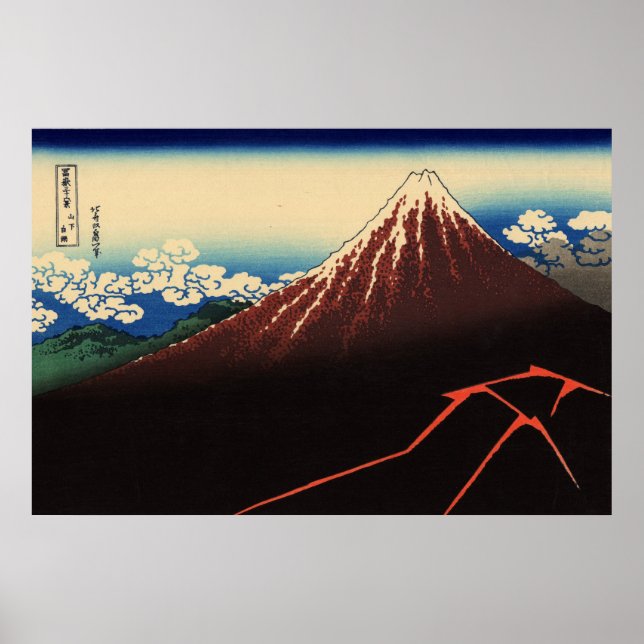Poster 山 下 雨, 北 斎 Thunder e Monte Fuji, Hokusai, Ukiyo-e (Frente)