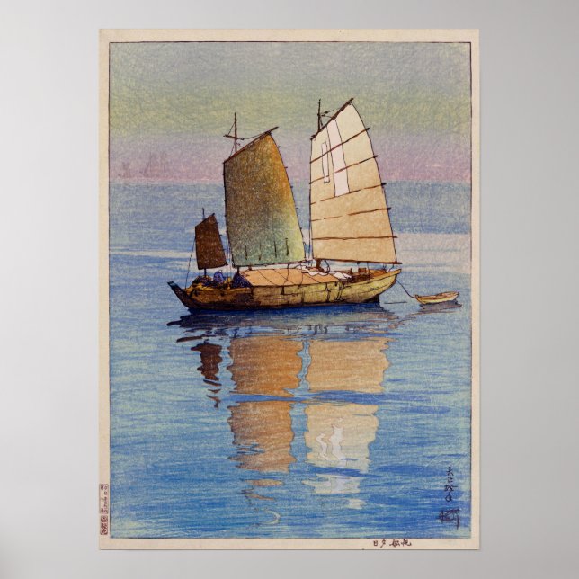 Poster 帆 船 日, Barcos à Vela à Noite, Hiroshi Yoshida (Frente)