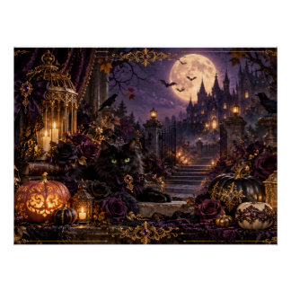 PÔSTER 幻想的なゴシックハロウィン 黒猫と月夜のグロッシーポスター