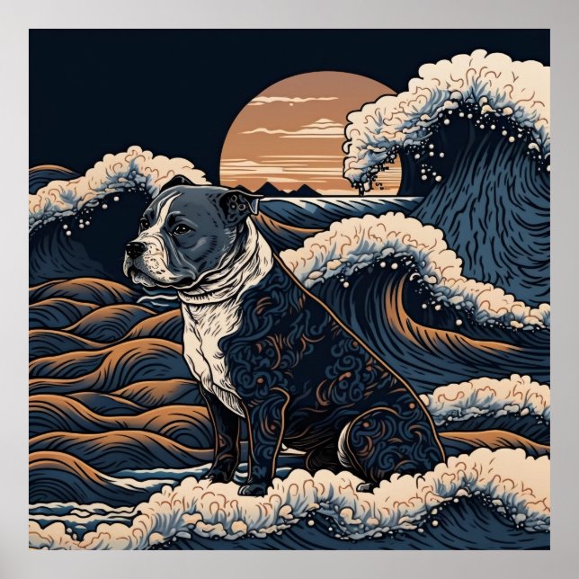 POSTER 日本の伝統的なヴィンテージデザインを使用したアート作品　躍動感のある波と犬 (Frente)
