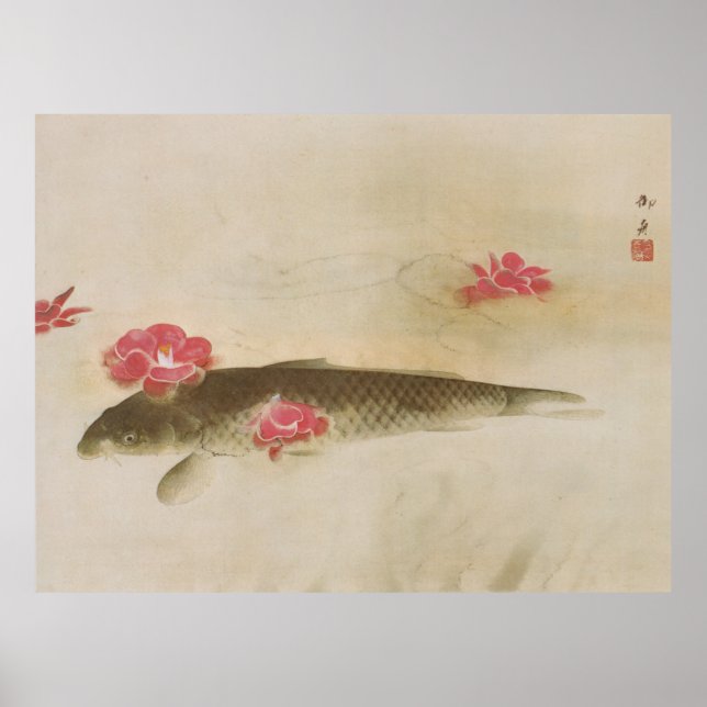 Pôster 椿 と 鯉, 速 御 舟 Camellia e Carp, Gyoshu (Frente)