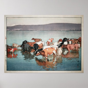 Poster 沼崎牧場の昼, vacas, Hiroshi Yoshida, Woodcu