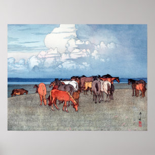 Pôster 沼崎牧場, cavalos, Hiroshi Yoshida, Woodcut