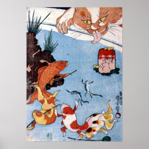 Pôster 猫と金魚, gato do 国芳 e peixe dourado, Kuni