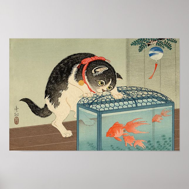 Poster 猫 と 魚, 古 邨 Cat & Goldfish, Koson, Ukiyo-e (Frente)
