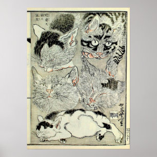 Poster 猫, 暁 斎 Gatos, Kyōsai, Ukiyo-e