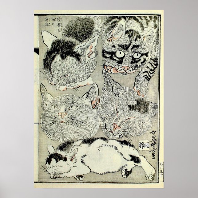 Poster 猫, 暁 斎 Gatos, Kyōsai, Ukiyo-e (Frente)