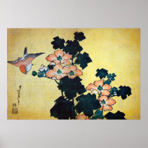Pôster 芙蓉に雀, hibiscus Mutabilis do 北斎 e parda