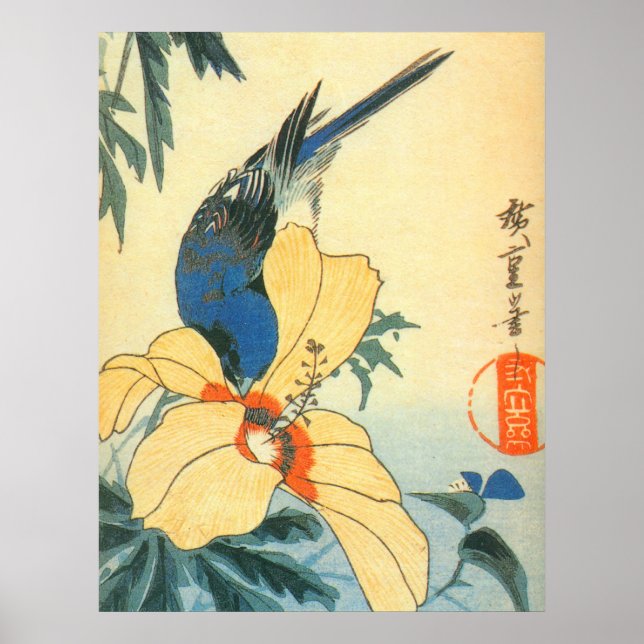 Pôster 芙 蓉 に 鳥 い, 広 青 Hibiscus e Blue Bird, Hiroshige (Frente)