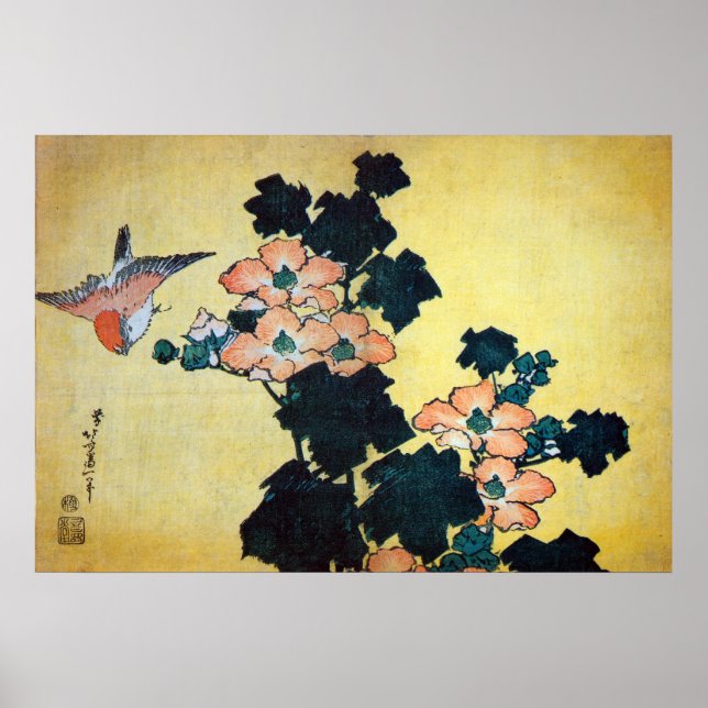 Pôster 芙 蓉 雀, 北 斎 Hibiscus Mutabilis e Sparrow, Hokusai (Frente)