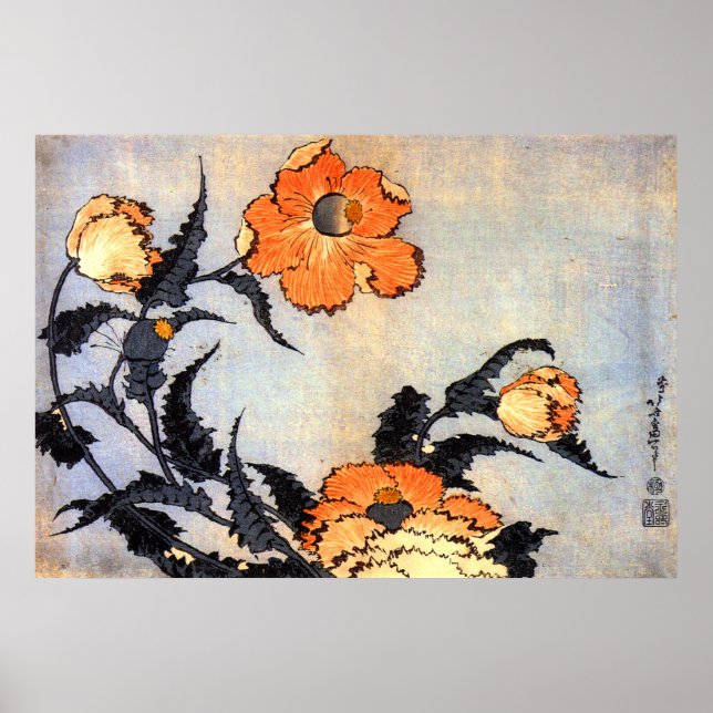 Pôster 芥 子 花, 北 斎 Poppies, Hokusai, Ukiyoe (Frente)