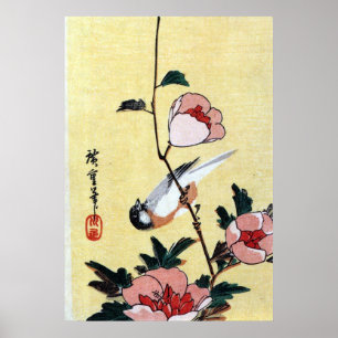 Pôster 花に鳥, pássaro do 広重 e flor, Hiroshige, U