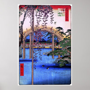 Pôster 藤と太鼓橋, glicínias do 広重 e ponte arqu
