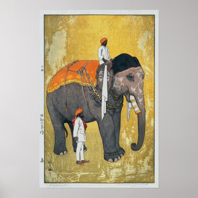 Poster 象, Elefante, Hiroshi Yoshida, Woodcut (Frente)