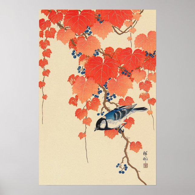 Poster 赤 い に 鳥, 古 邨 Pássaro em Red Ivy, Koson, Ukiyo-e (Frente)