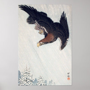 Pôster 雪に鷲, 古邨 Eagle que voa na neve, Ohara Kos
