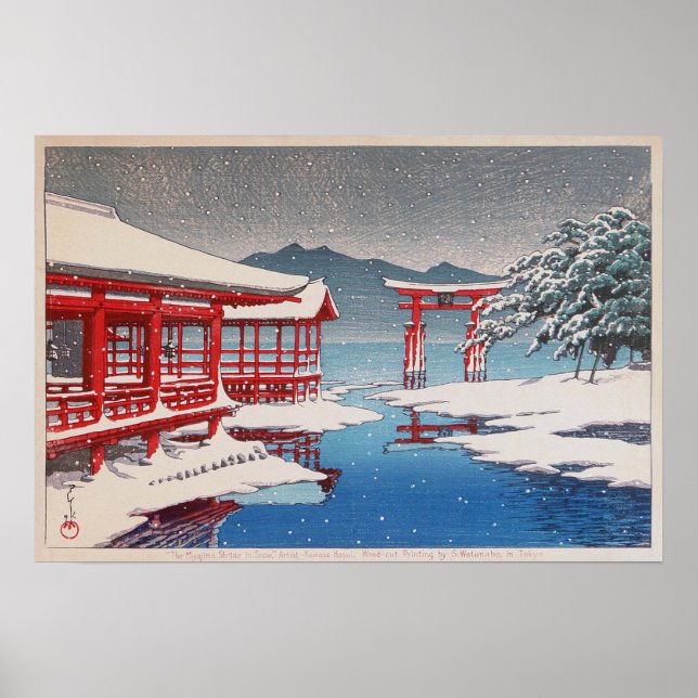 Poster 雪 の 島, santuário de Miyajima em Neve, Hasui Kawase (Frente)
