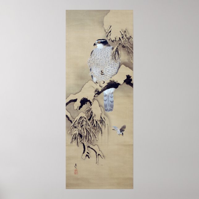 Pôster 雪 中 図, 柴 田 是 Falcão na Neve, Shibata Zeshin (Frente)