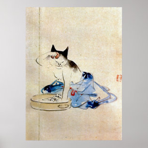 Pôster 顔を洗う猫, lavagem da cara do gato do 広重