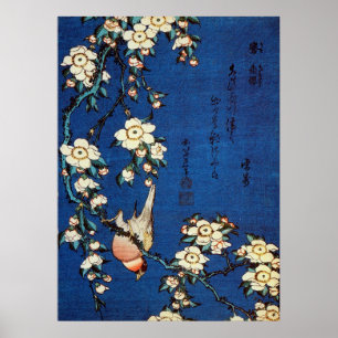 Pôster 鳥と枝垂桜, pássaro do 北斎 e árvore de c